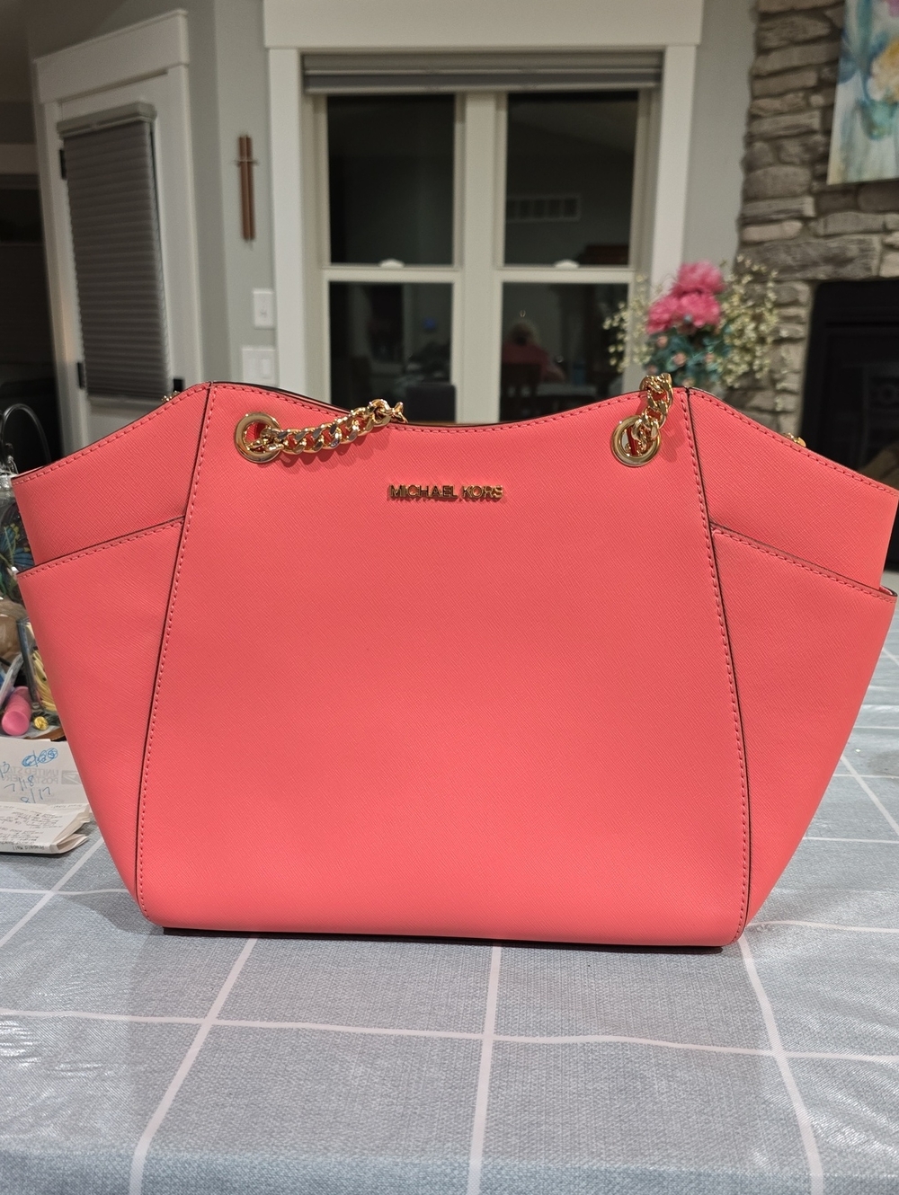 Michael Kors Coral Pink Saffiano Leather Chain Shoulder Tote